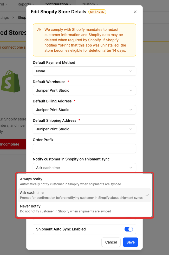 Choose a Shopify shipment notification policy