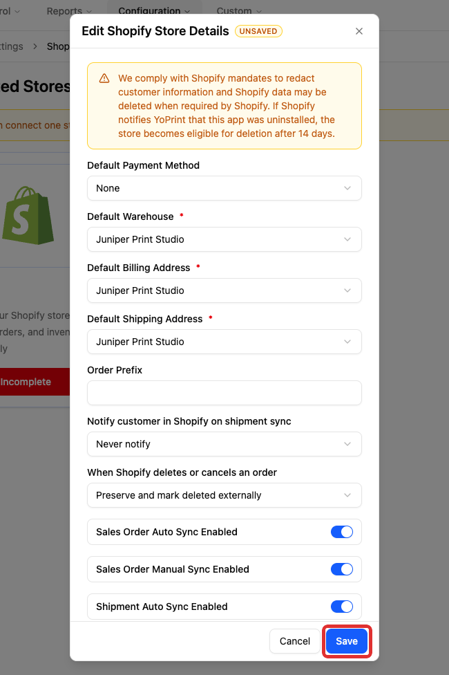 Save the Shopify store setup