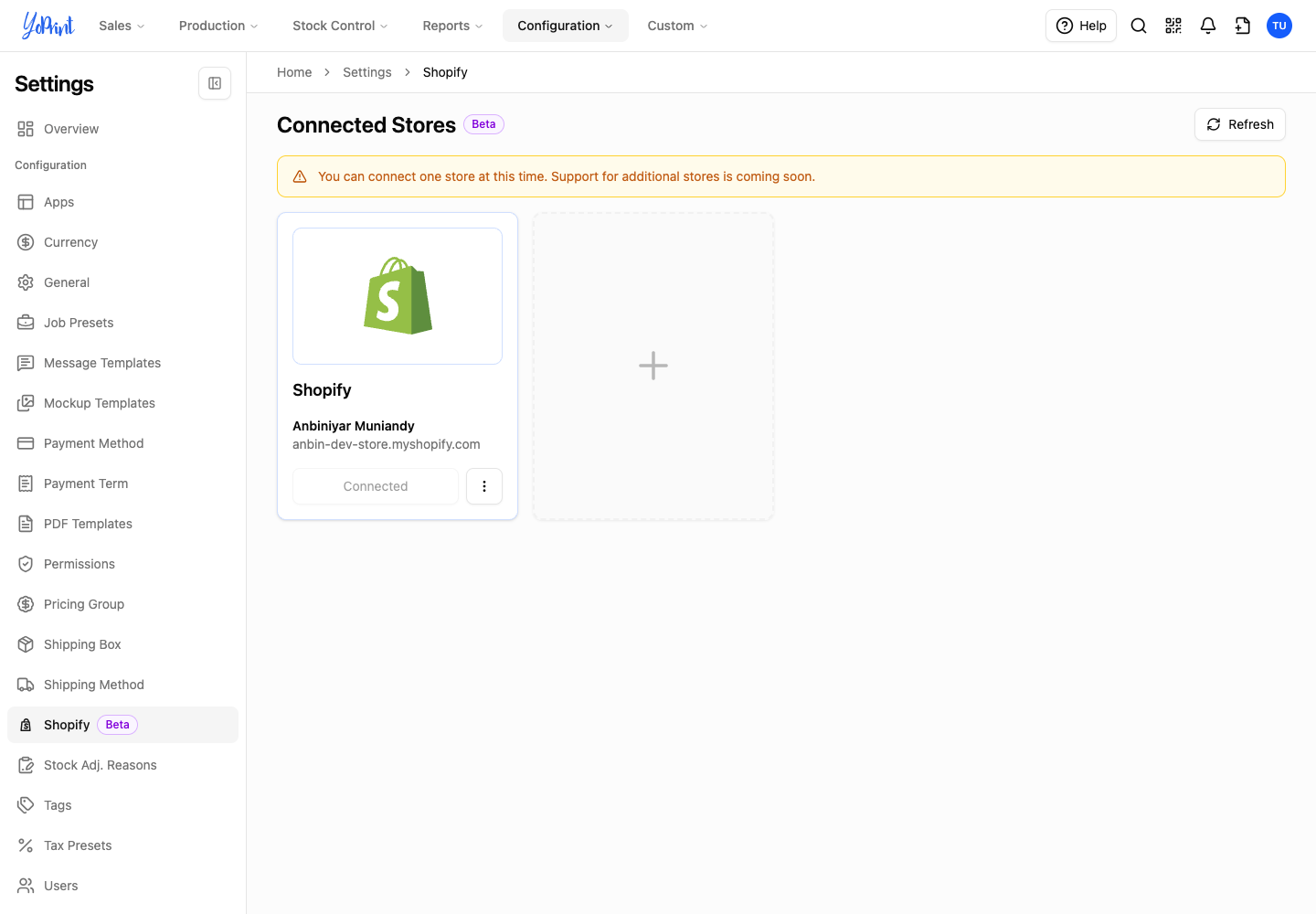 Shopify store connected in YoPrint