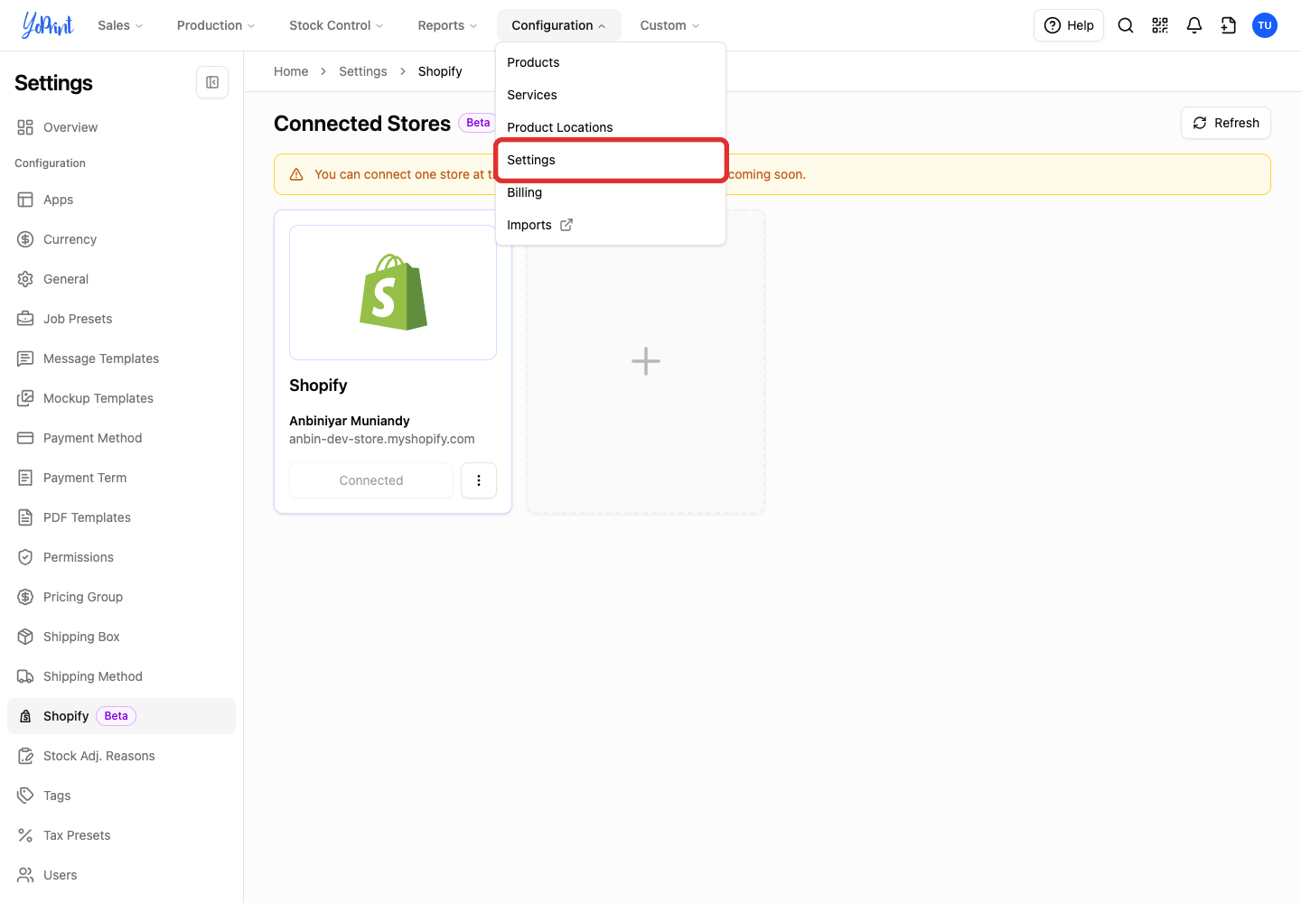 Choose Settings from Configuration