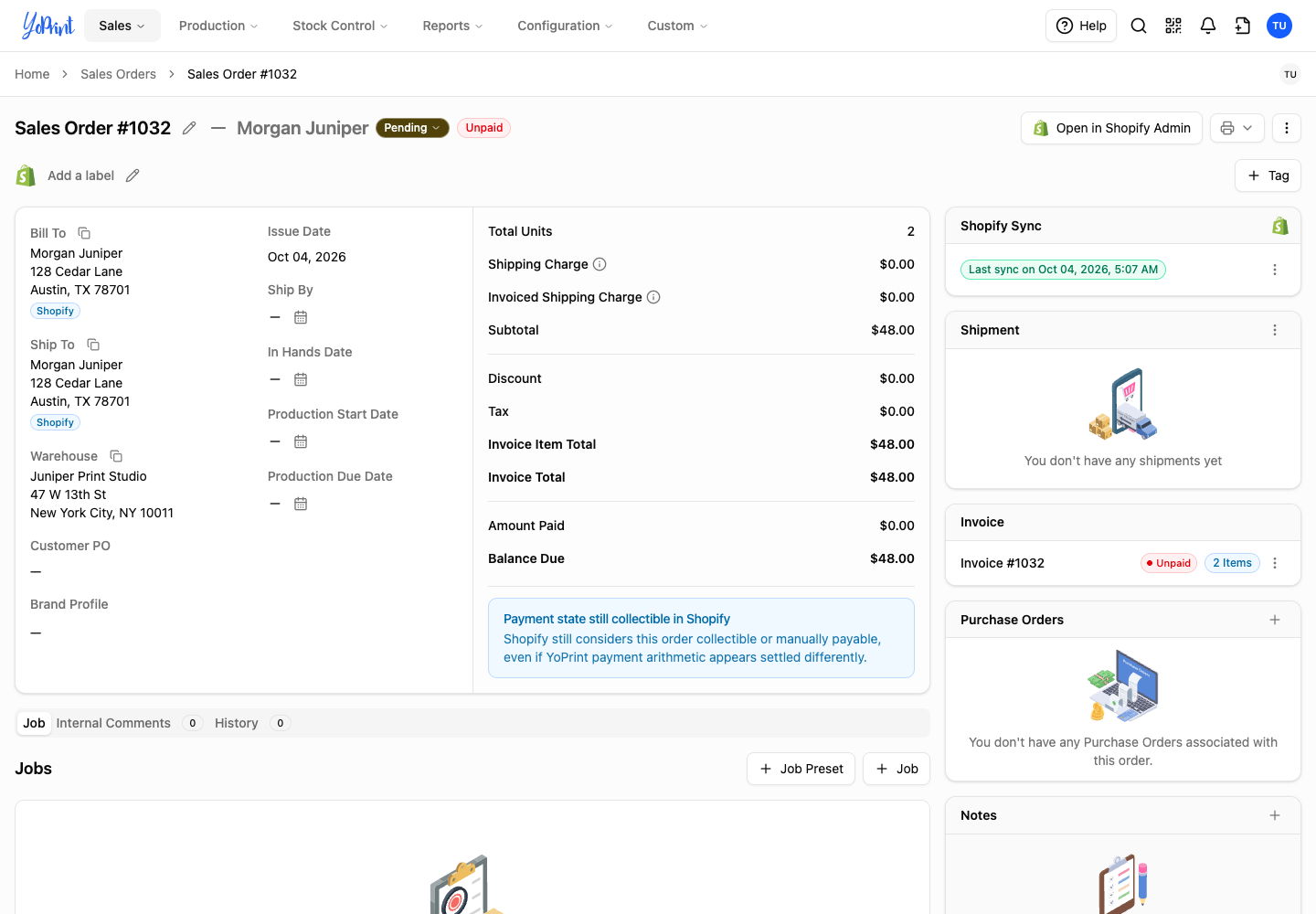 Imported Shopify order 1032 in YoPrint