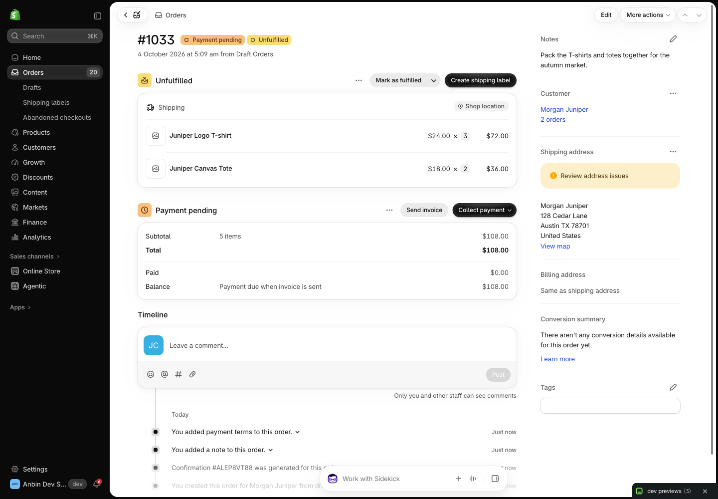 Shopify order 1033 with two products and a packing note
