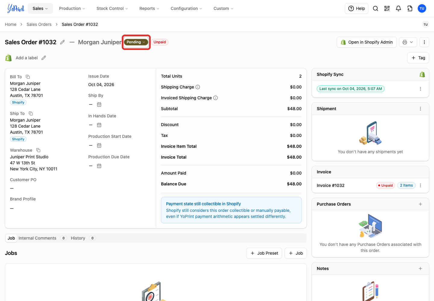 Open the production status menu