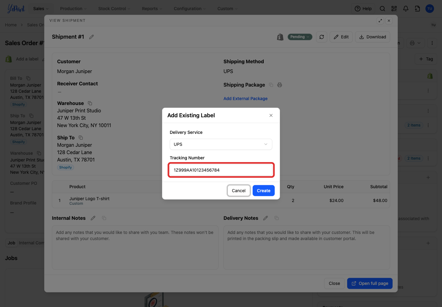 Enter the existing label's tracking number