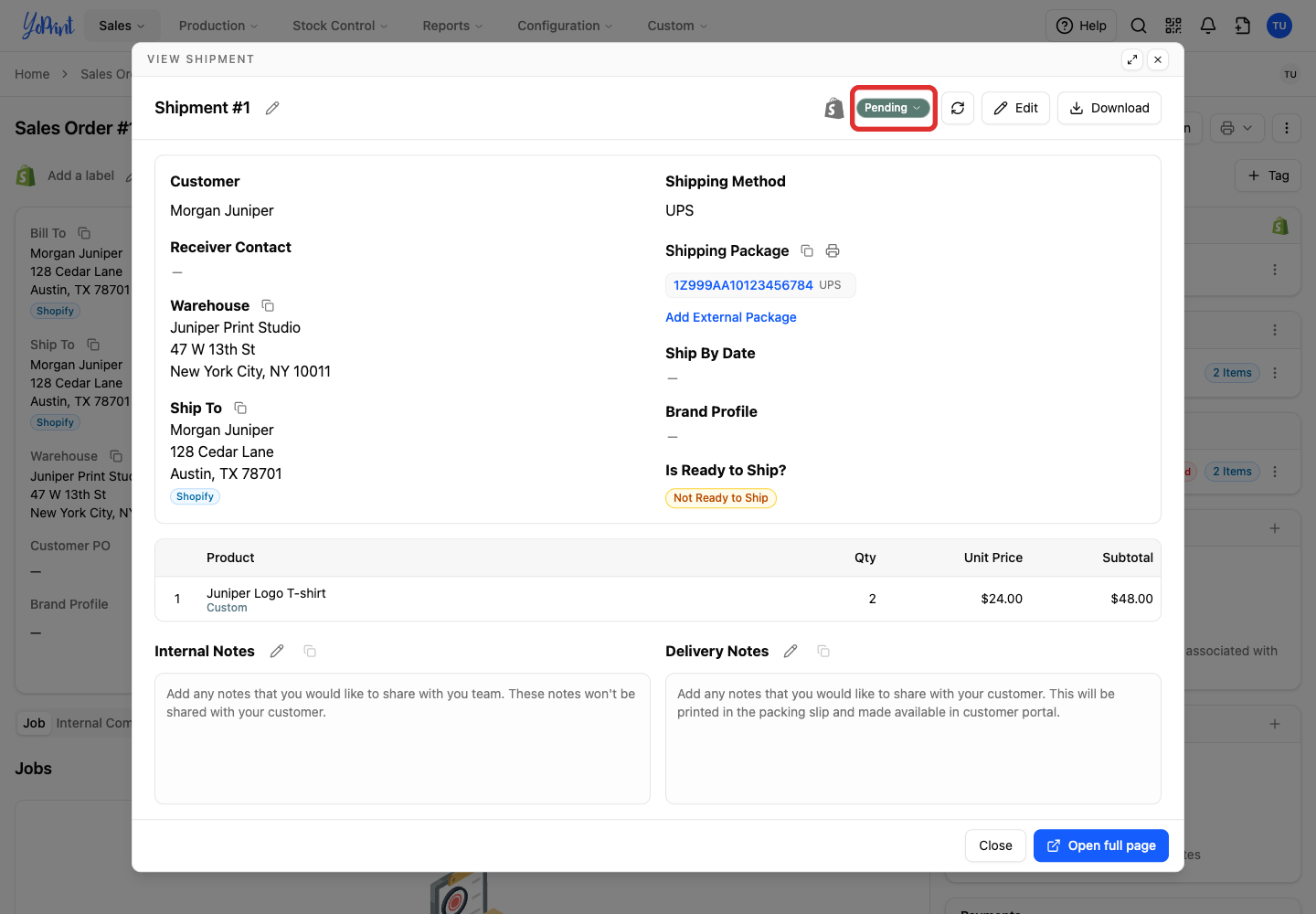 Open the shipment status menu