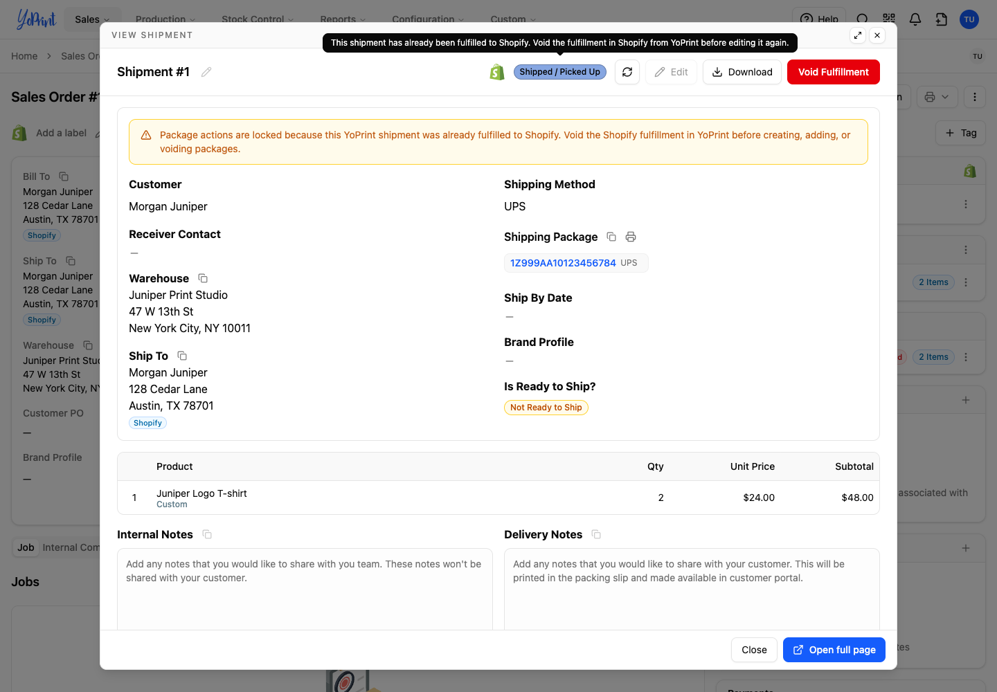 The fulfilled shipment in YoPrint