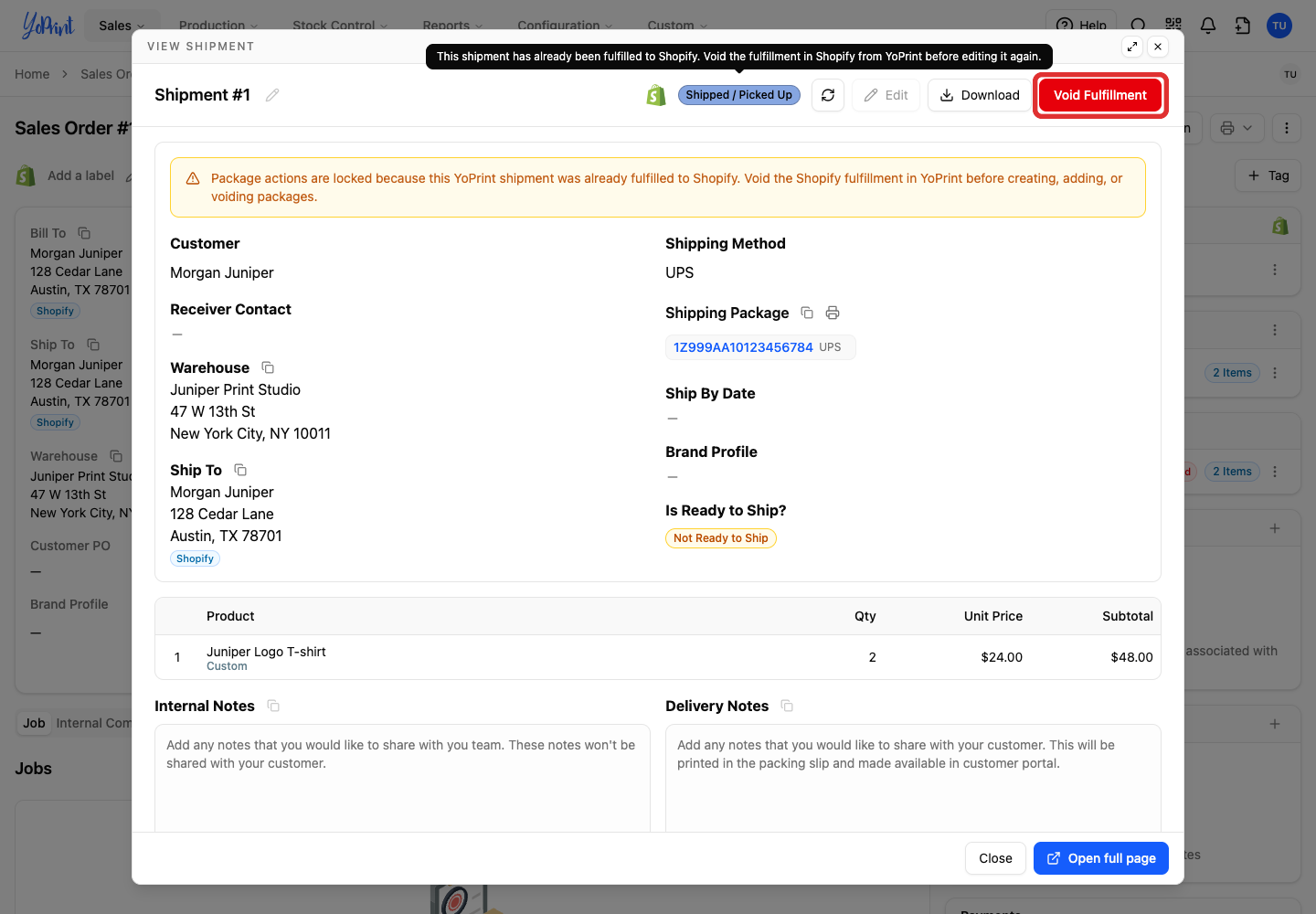 Void the shipment's Shopify fulfilment