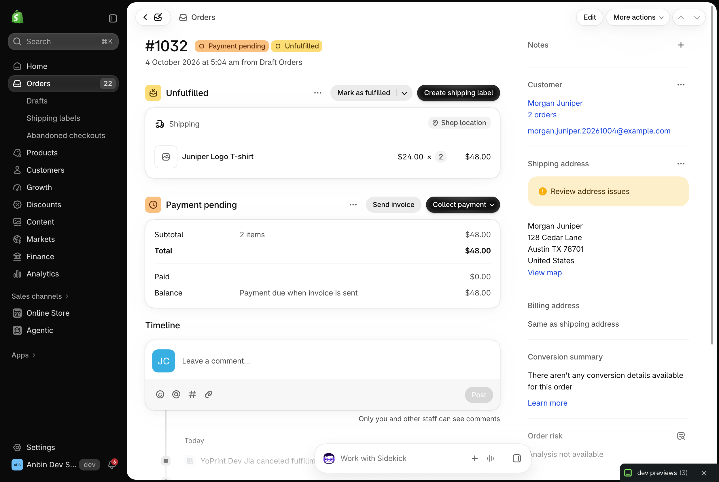 Shopify order 1032 after the fulfilment was voided
