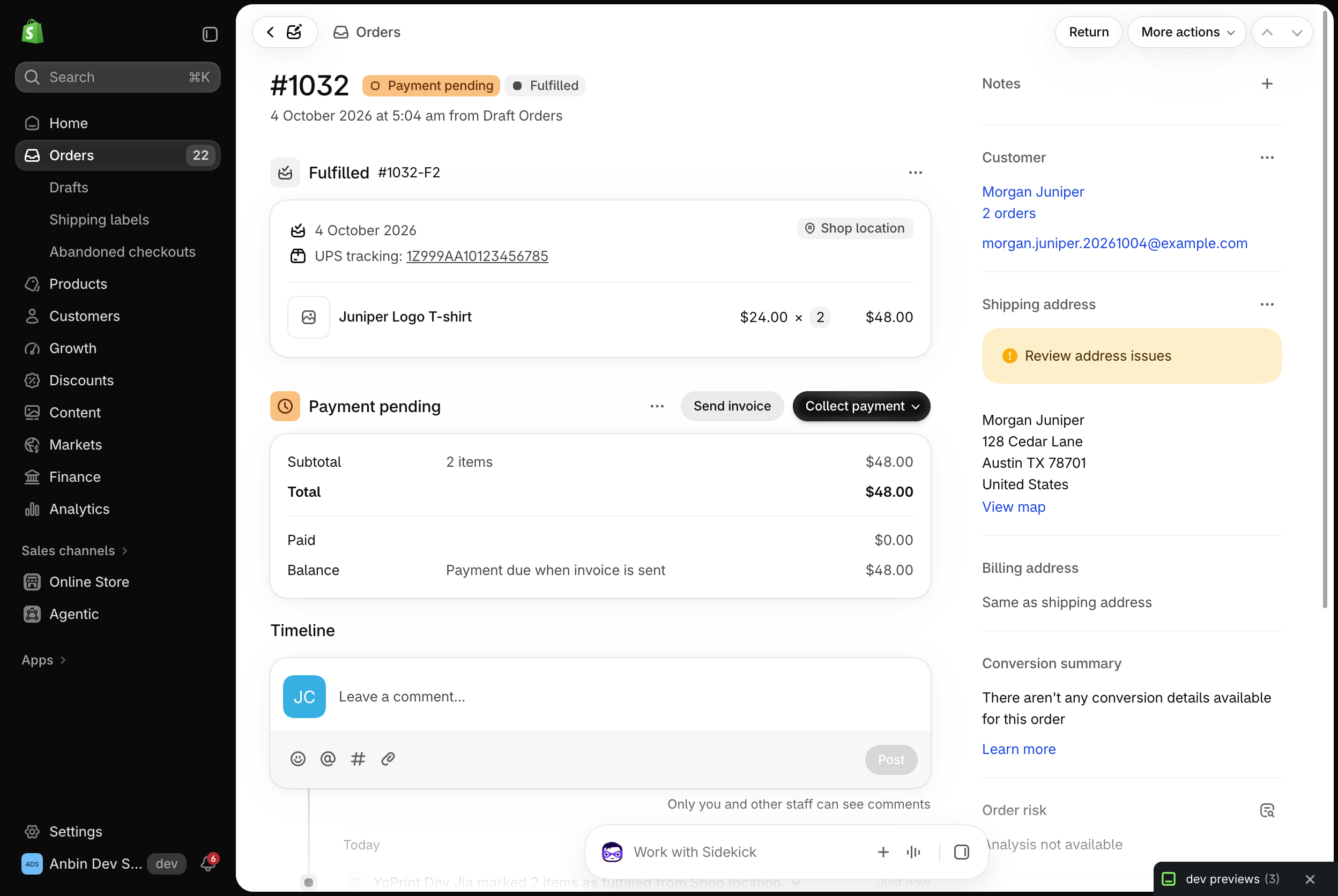 Shopify showing the replacement tracking number