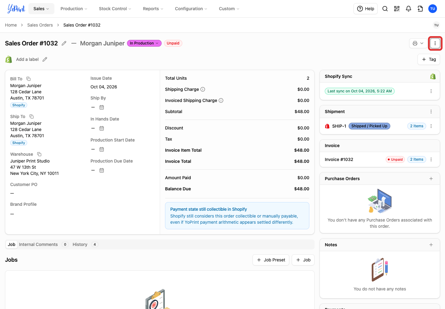 Sales order 1032 with its top-right Quick Actions menu outlined.