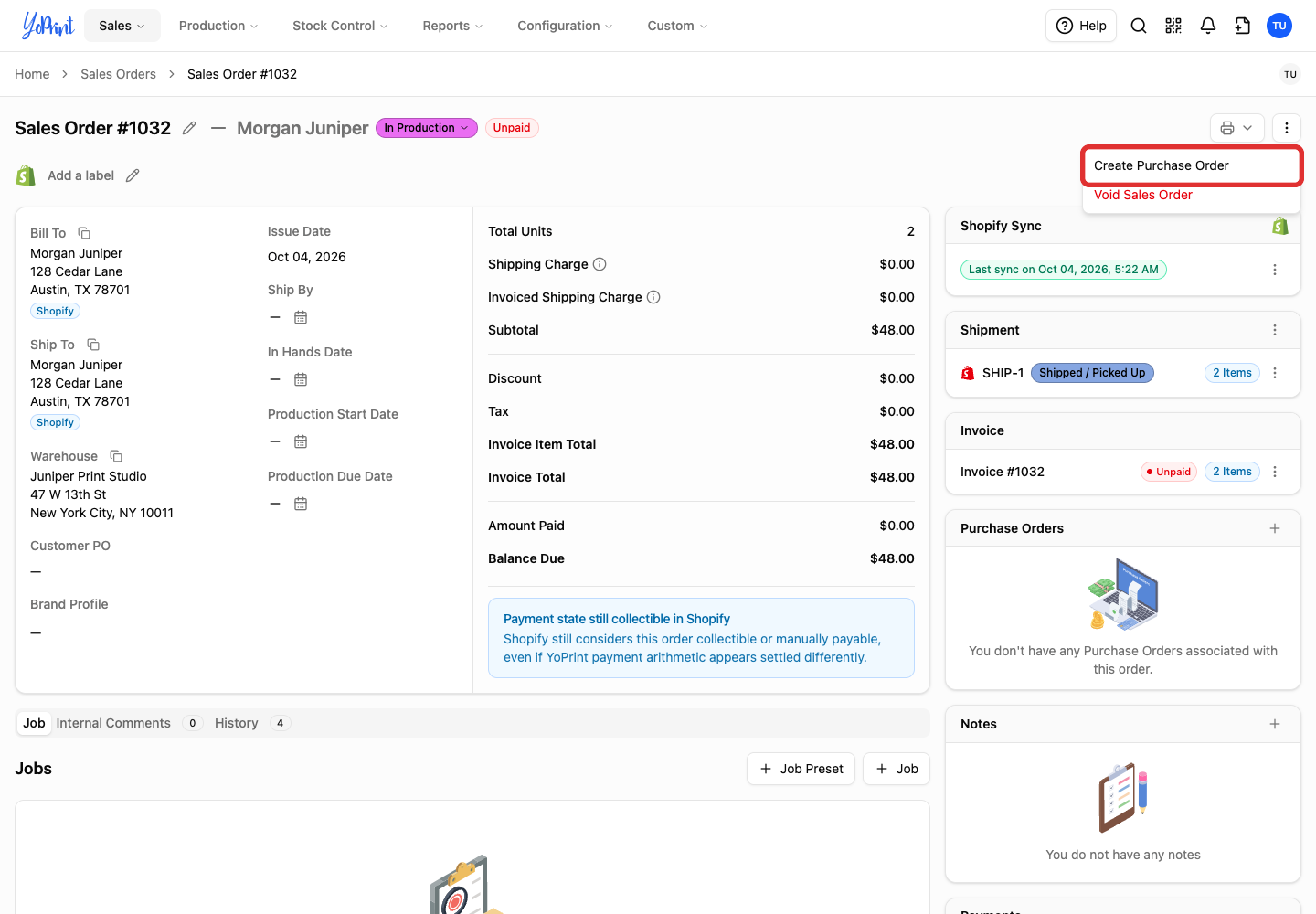Open Quick Actions menu with Create Purchase Order outlined.