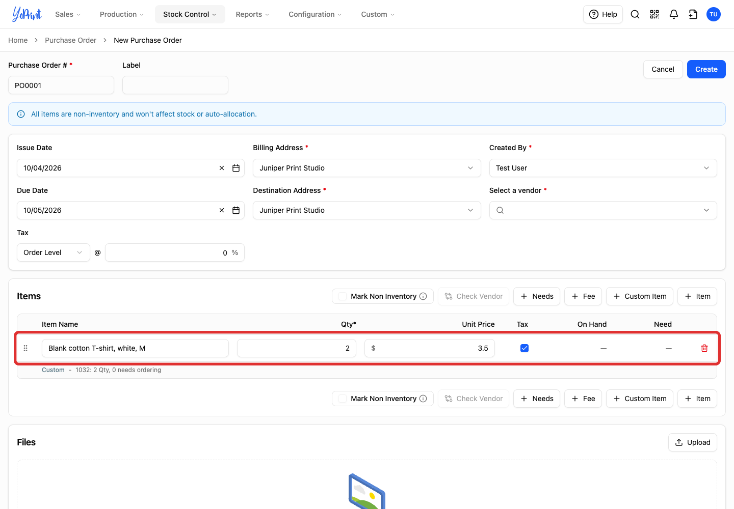 Purchase order custom-item row with the blank description, quantity 2 and unit price 3.50.