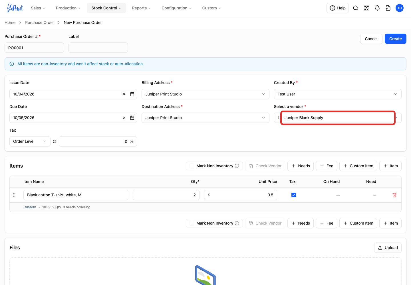 Select a vendor field outlined on the purchase order.