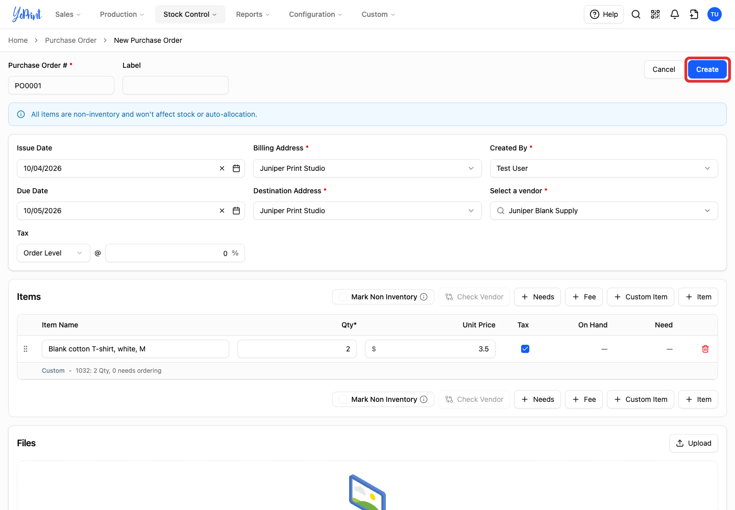 Create button outlined on the completed purchase order form.