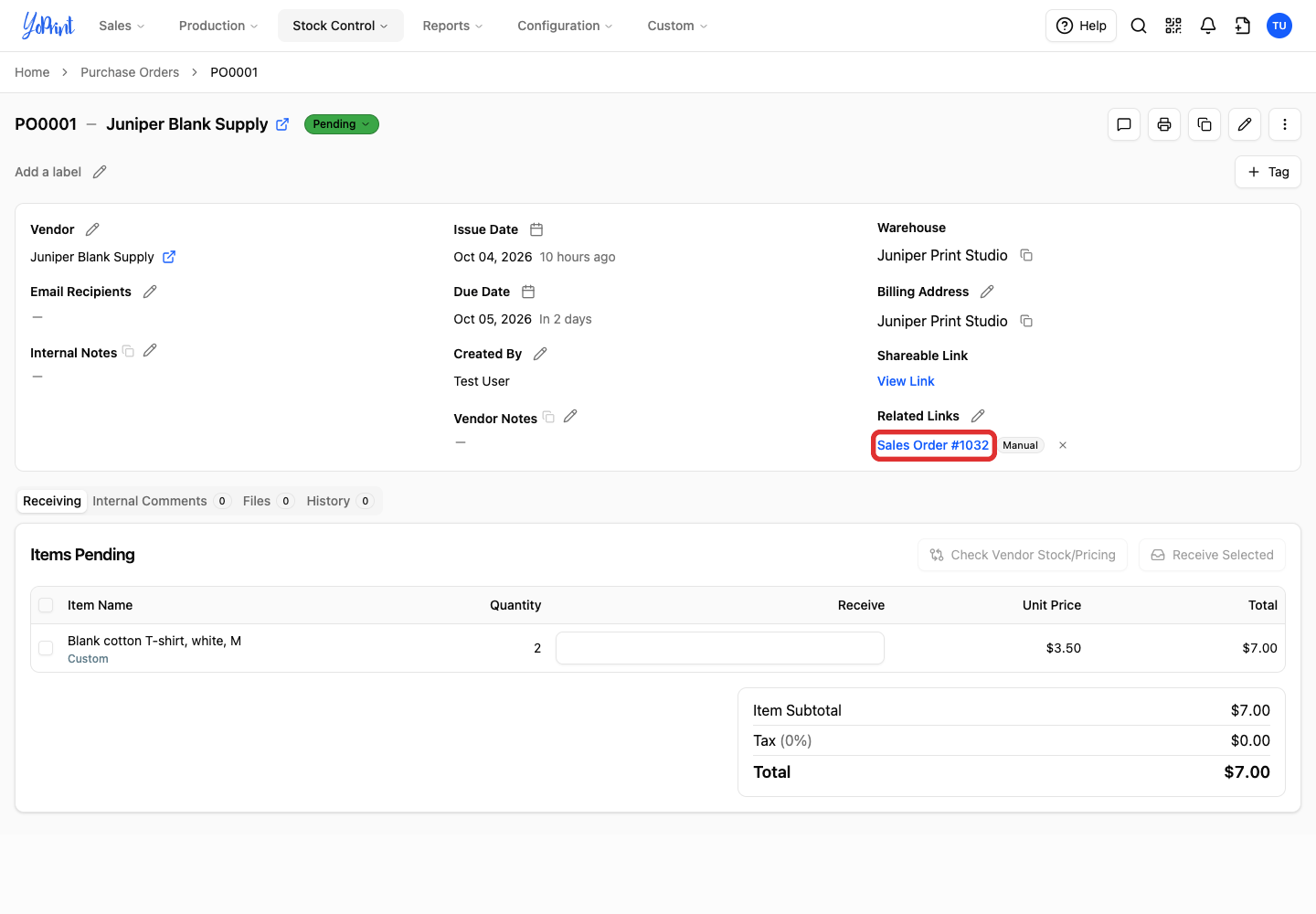 Sales Order 1032 link outlined under Related Links on PO0001.