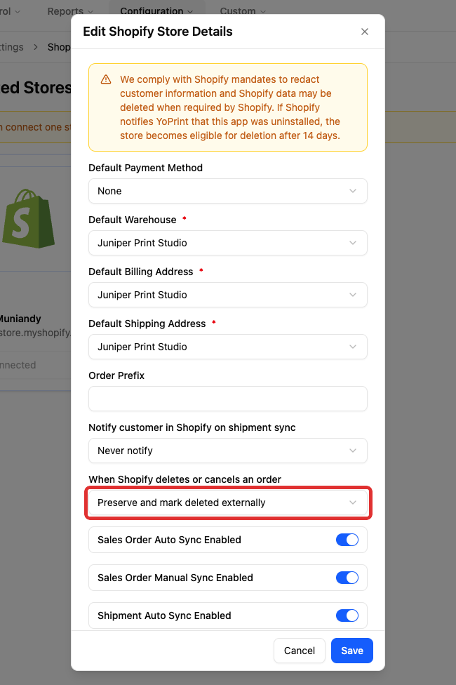 Open the policy for deleted or canceled Shopify orders