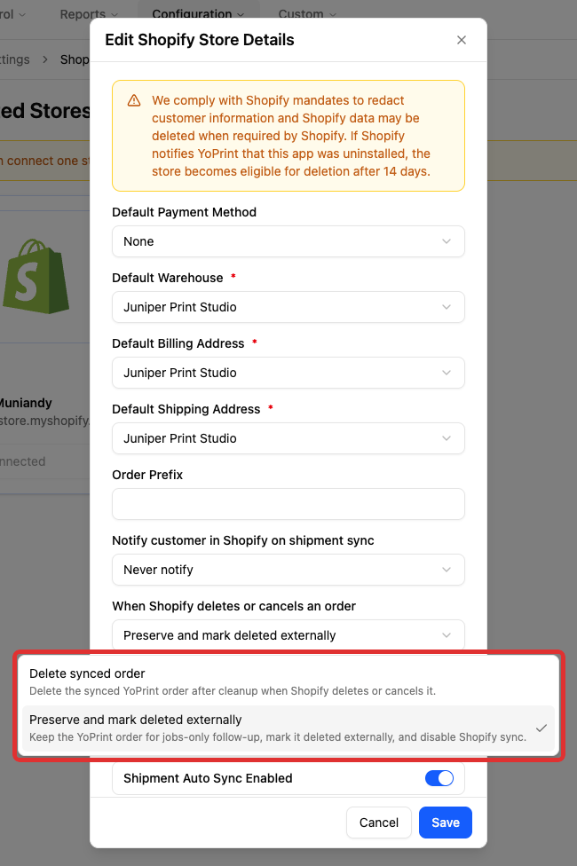 Choose how to handle a deleted or canceled Shopify order