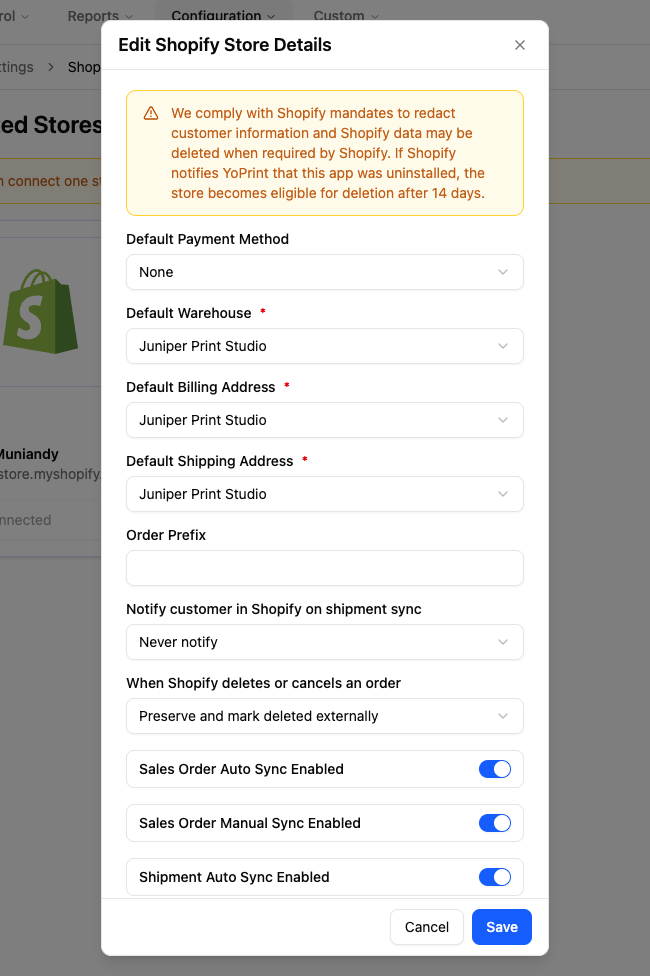 The three store switches for automatic orders, manual orders and shipment sync