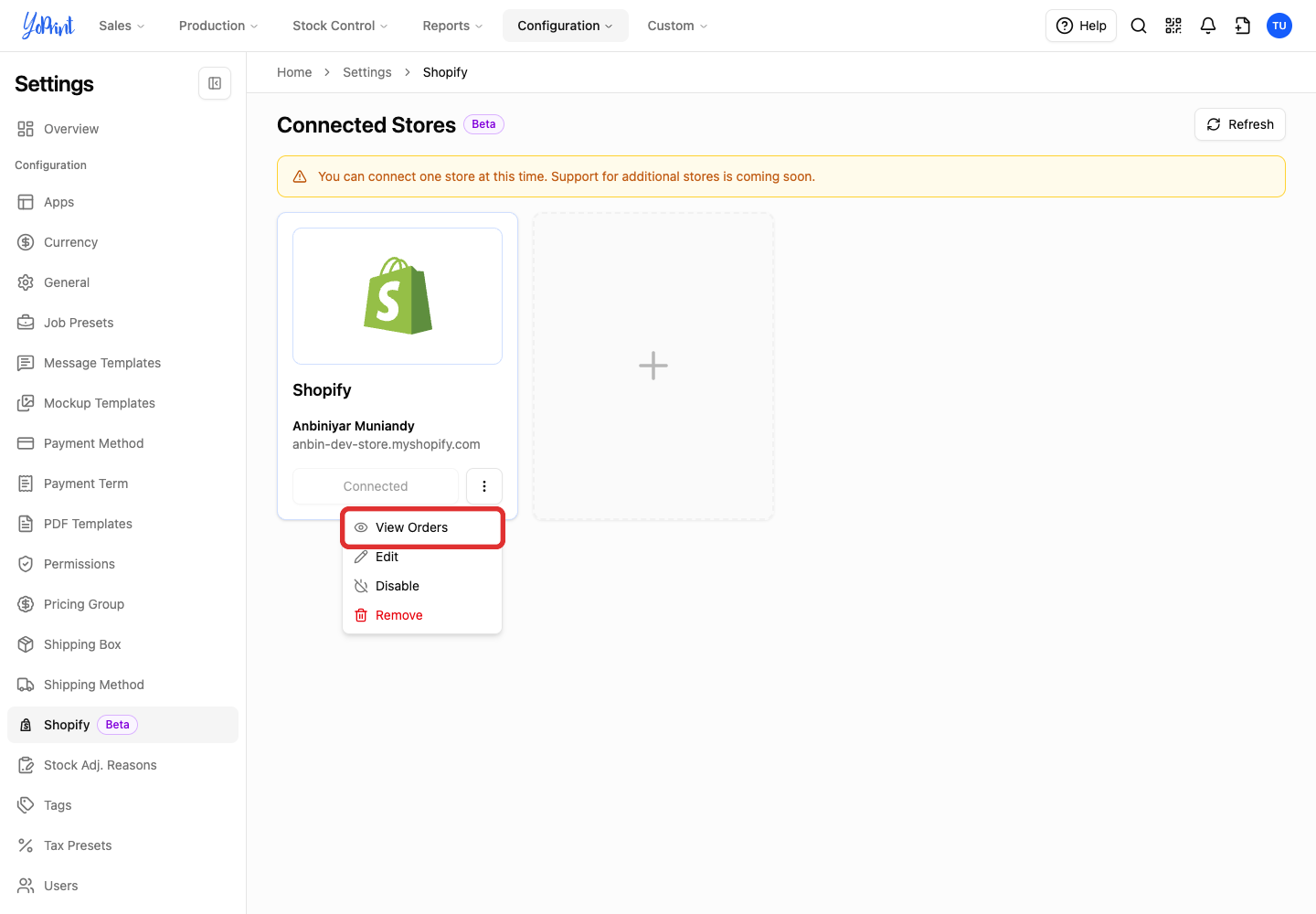 Choose View Orders from the connected store menu