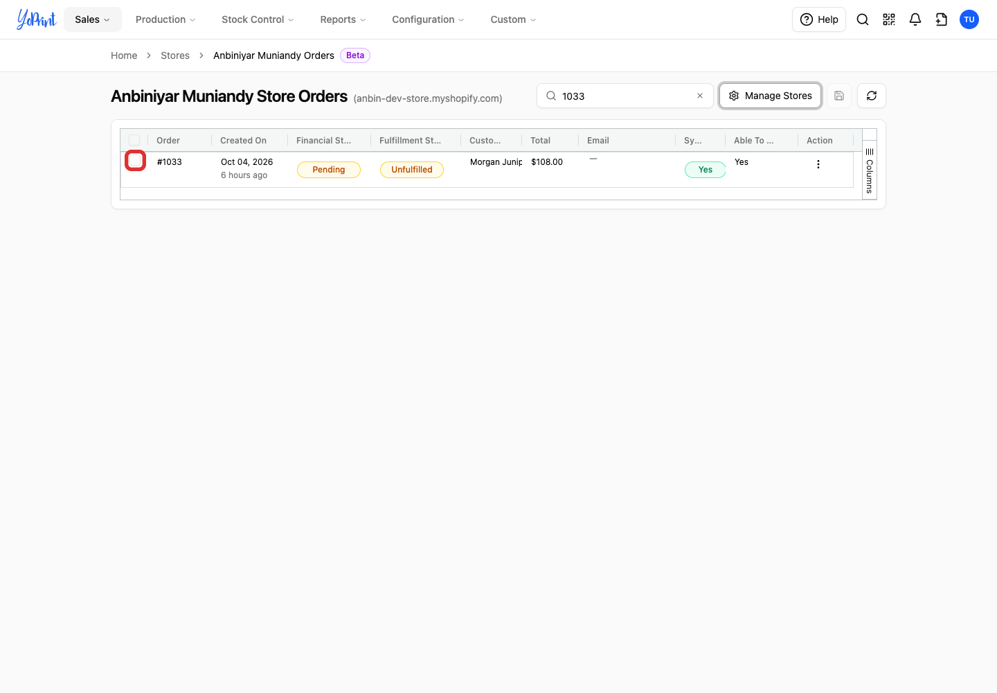 Select an order in Store Orders