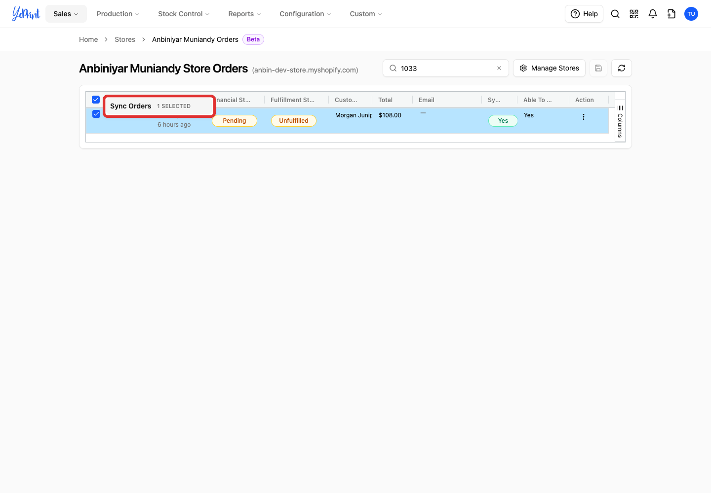 Sync Orders for the selected store orders
