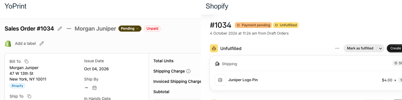The same order number1034 in YoPrint on the left and Shopify on the right