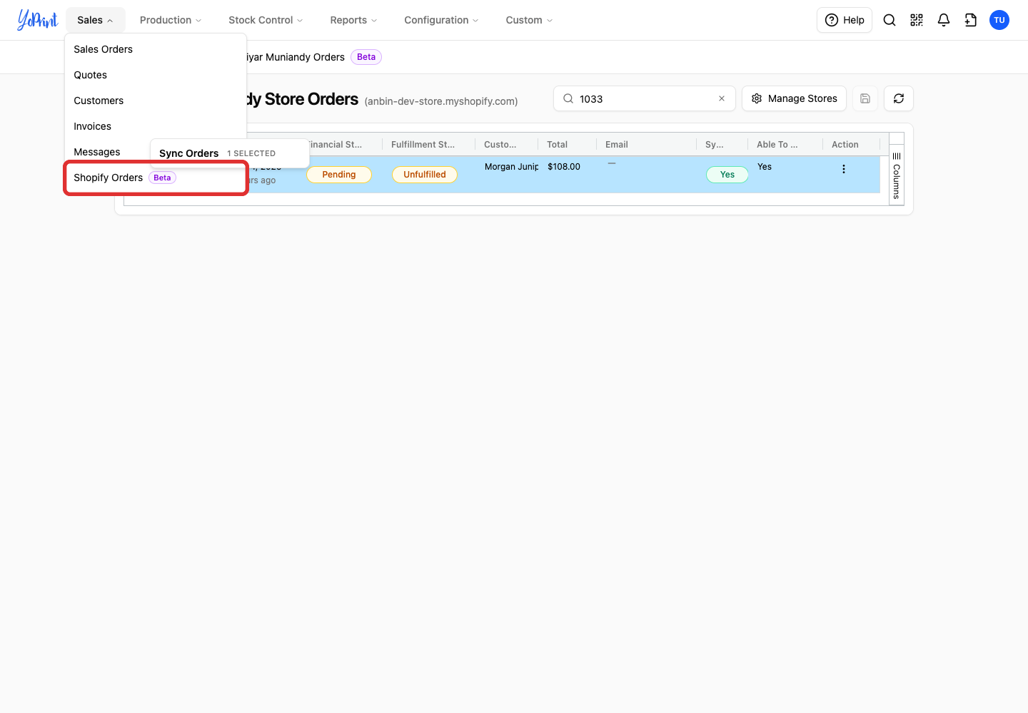 Shopify Orders Beta in the Sales menu
