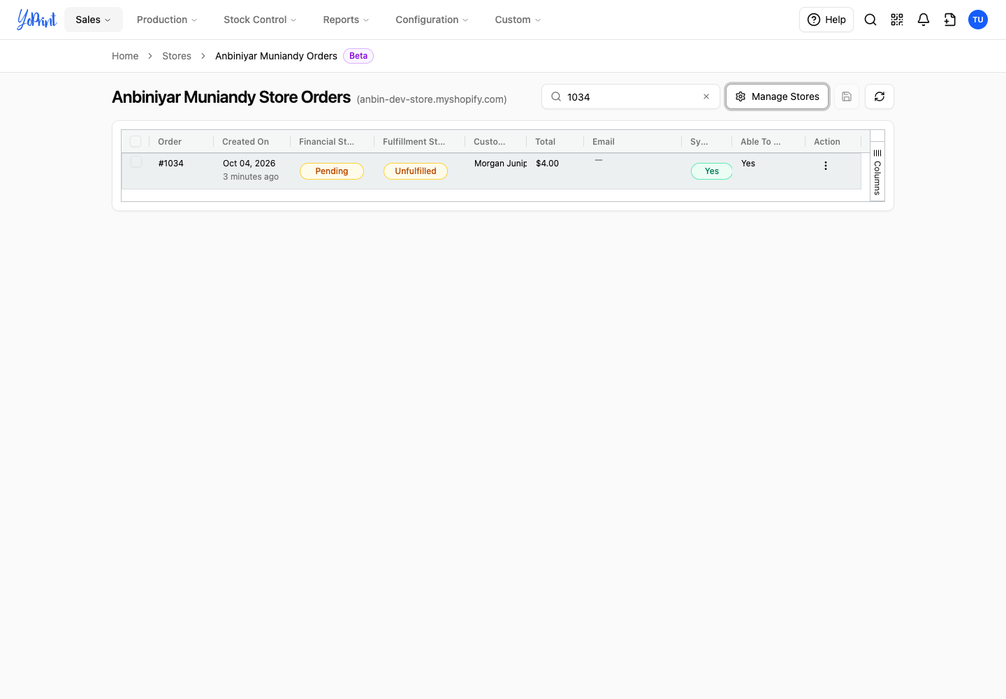 Store Orders with the imported Shopify order1034