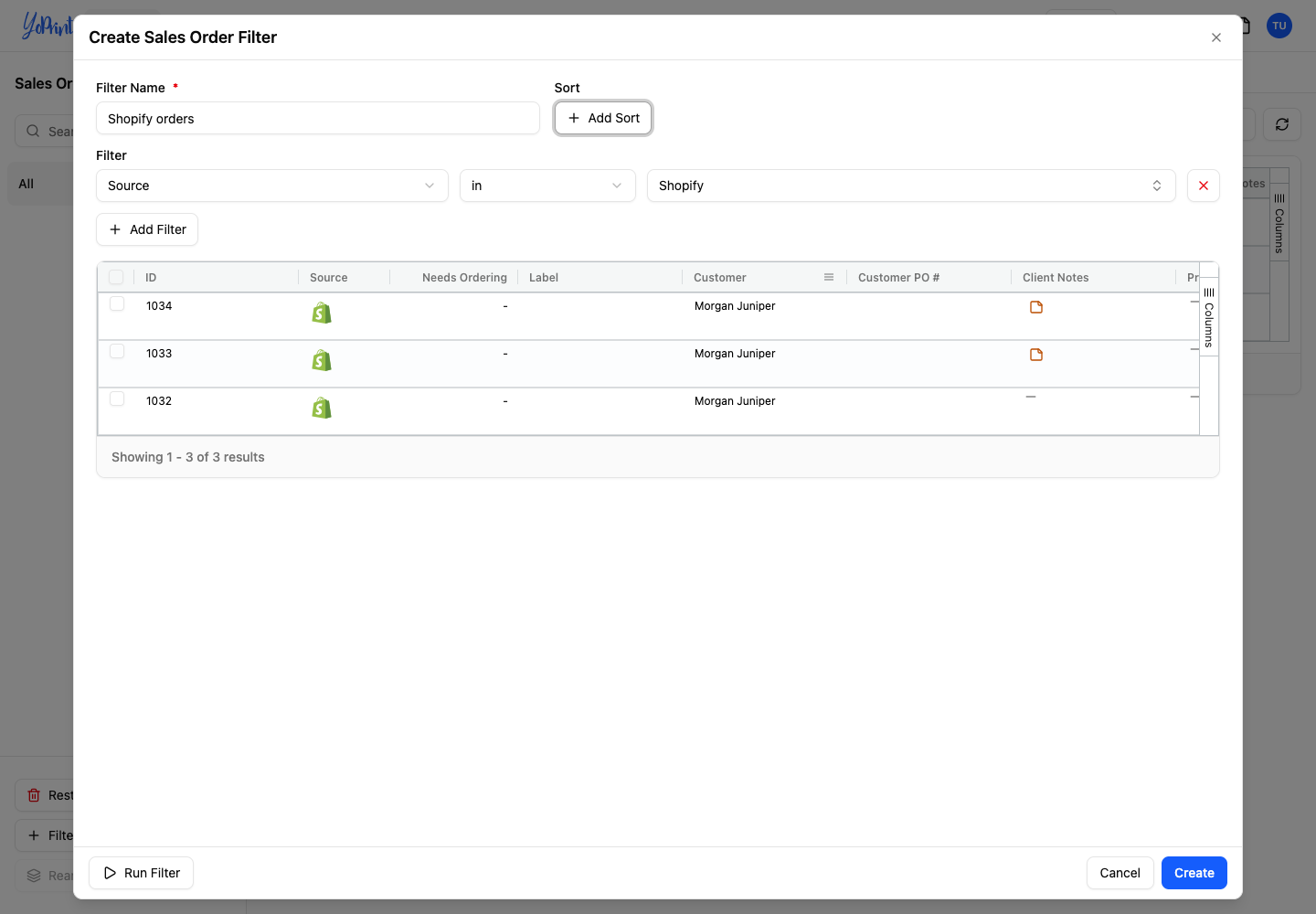 Sales order filter with Source set to Shopify and matching orders below
