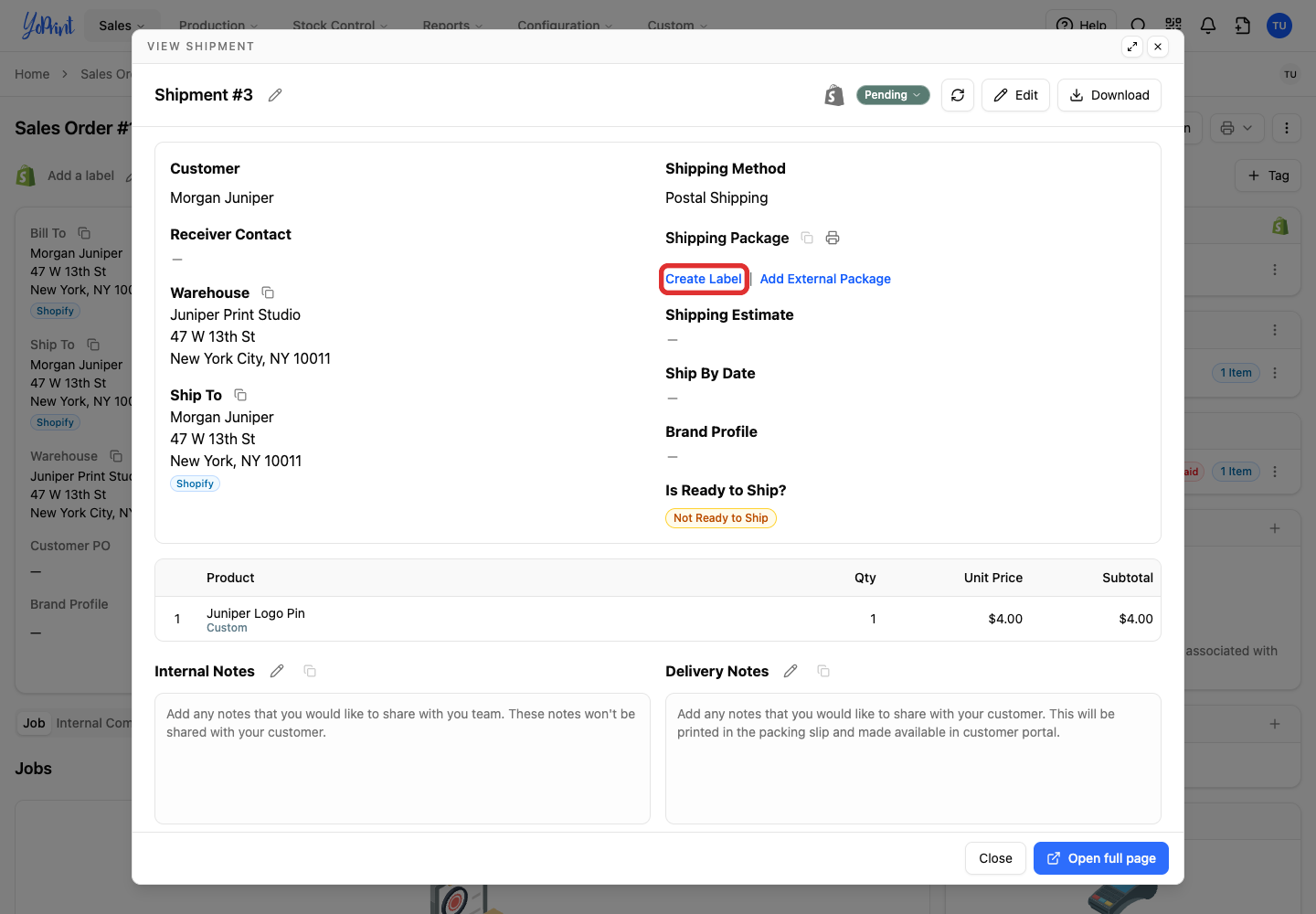 Create a Shippo label on the Shopify order's shipment