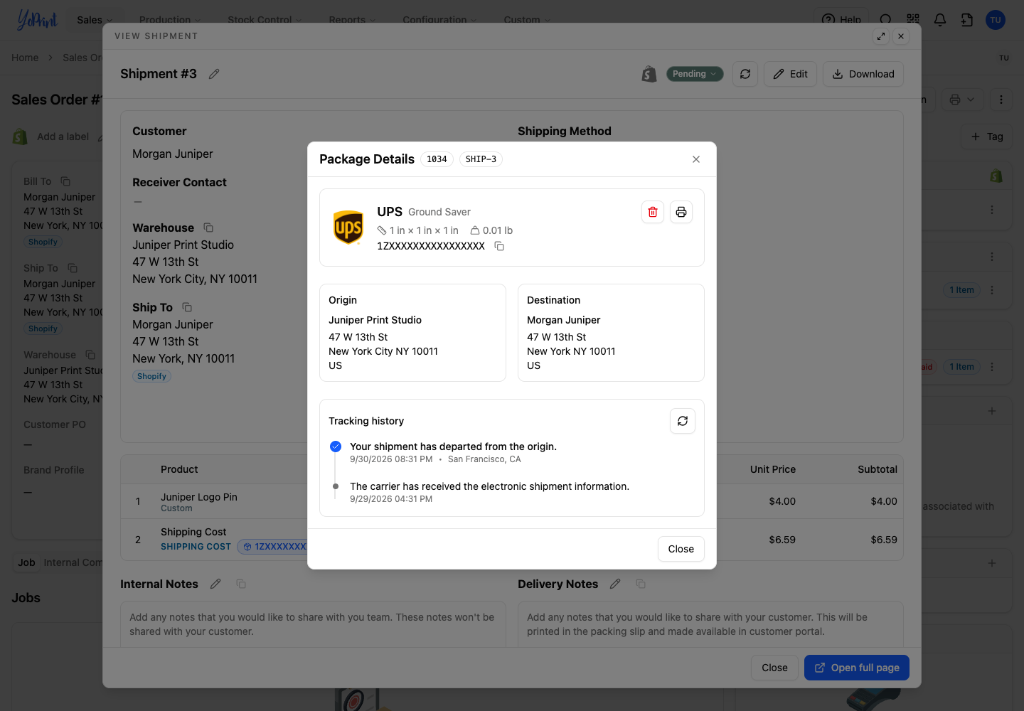 Package details and tracking number for the purchased UPS label