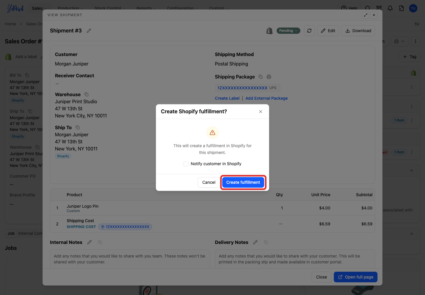 Create the Shopify fulfilment with the purchased label's tracking