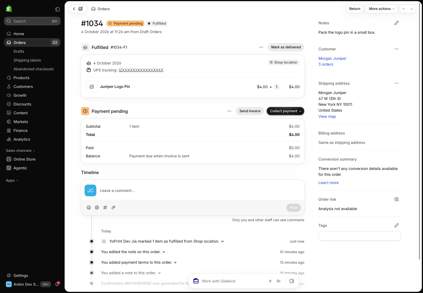 Shopify order 1034 fulfilled with the purchased UPS label's tracking