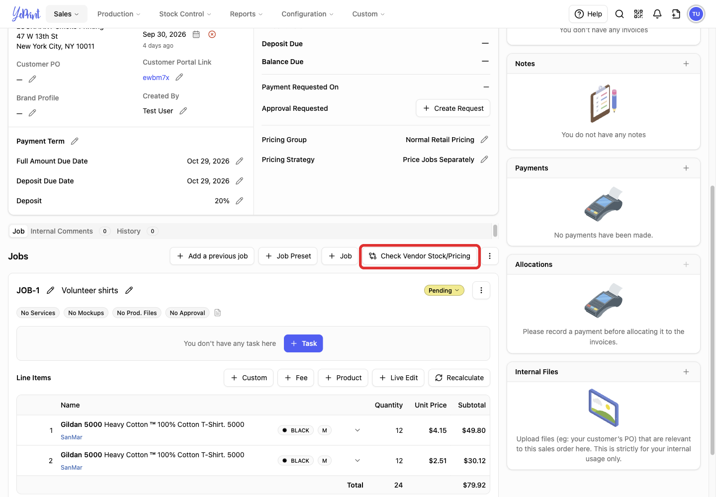 Check Vendor Stock/Pricing above the jobs on the saved quote
