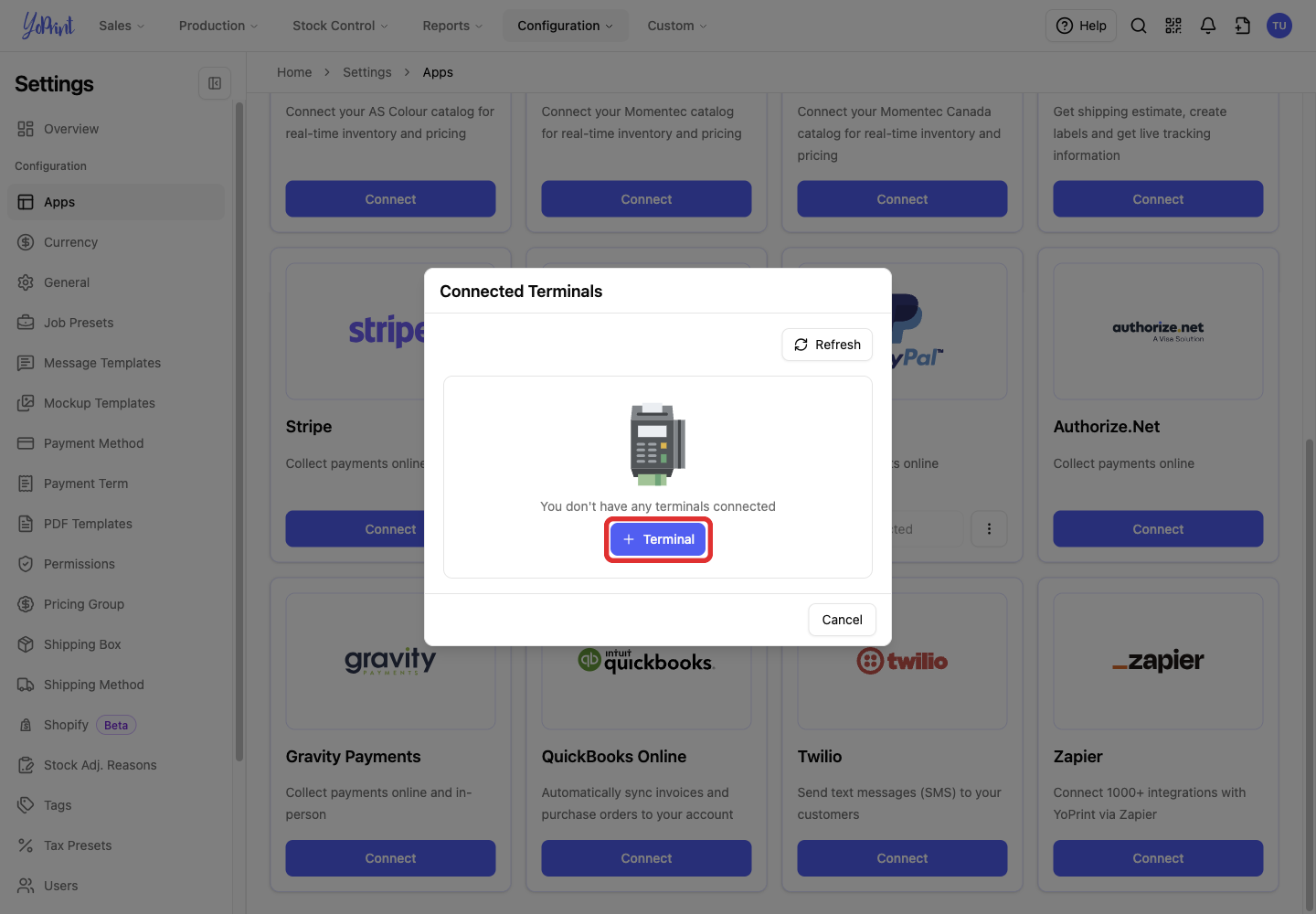 Terminal button in the empty Connected Terminals dialog