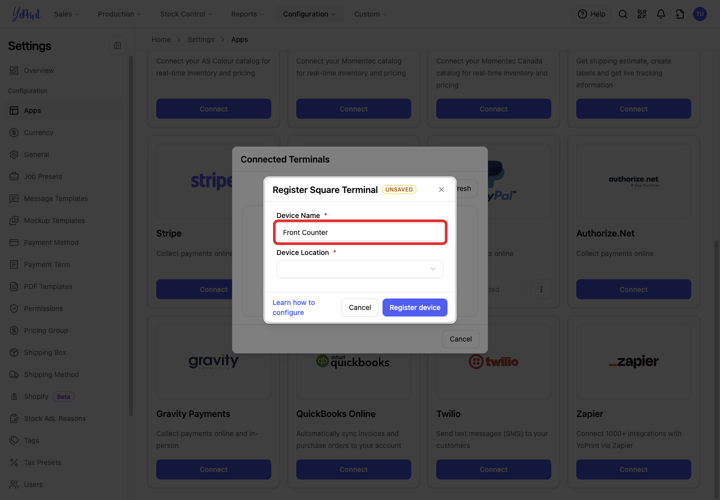 Device Name in Register Square Terminal