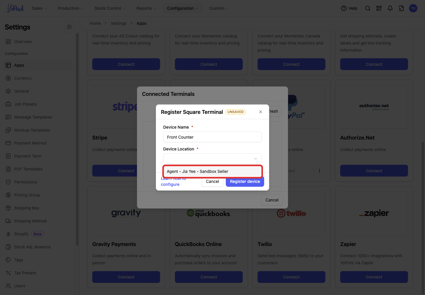 A Square location in the Device Location menu
