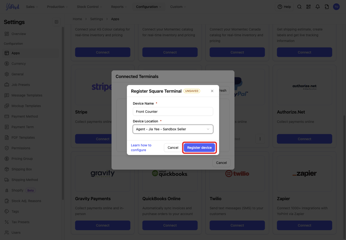 Register device with a device name and location selected