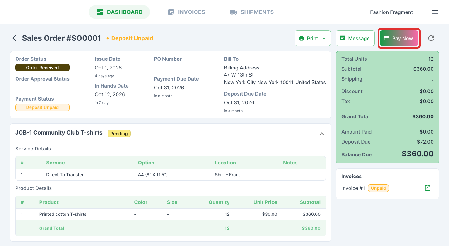 Pay Now on the customer's sales order