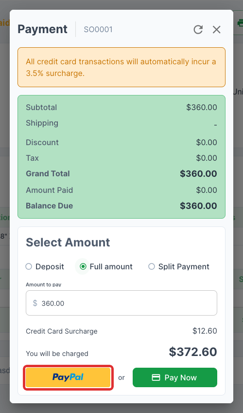 Payment window with Full amount selected and the PayPal button