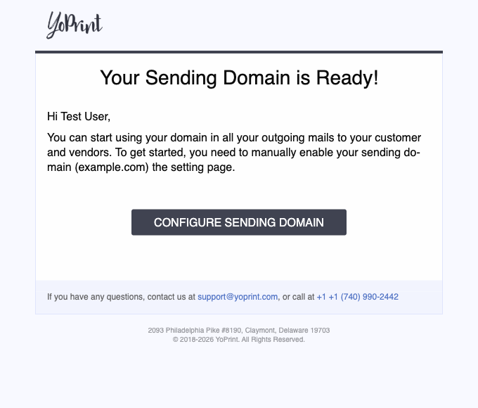 YoPrint's sending-domain activation email