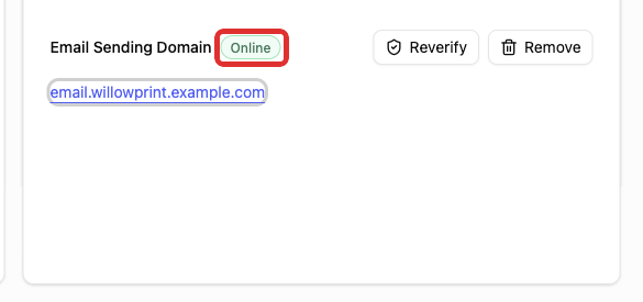 Email Sending Domain card with the Online badge highlighted