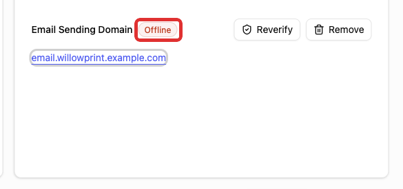 Email Sending Domain card with the Offline badge highlighted