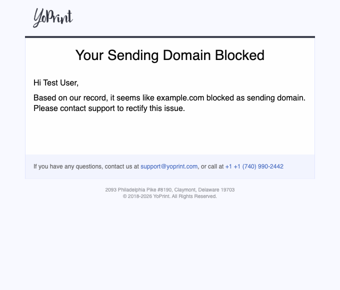 YoPrint's blocked sending-domain email