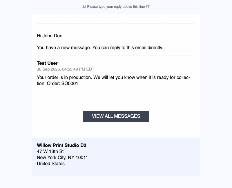 Customer email with the order update for SO0001