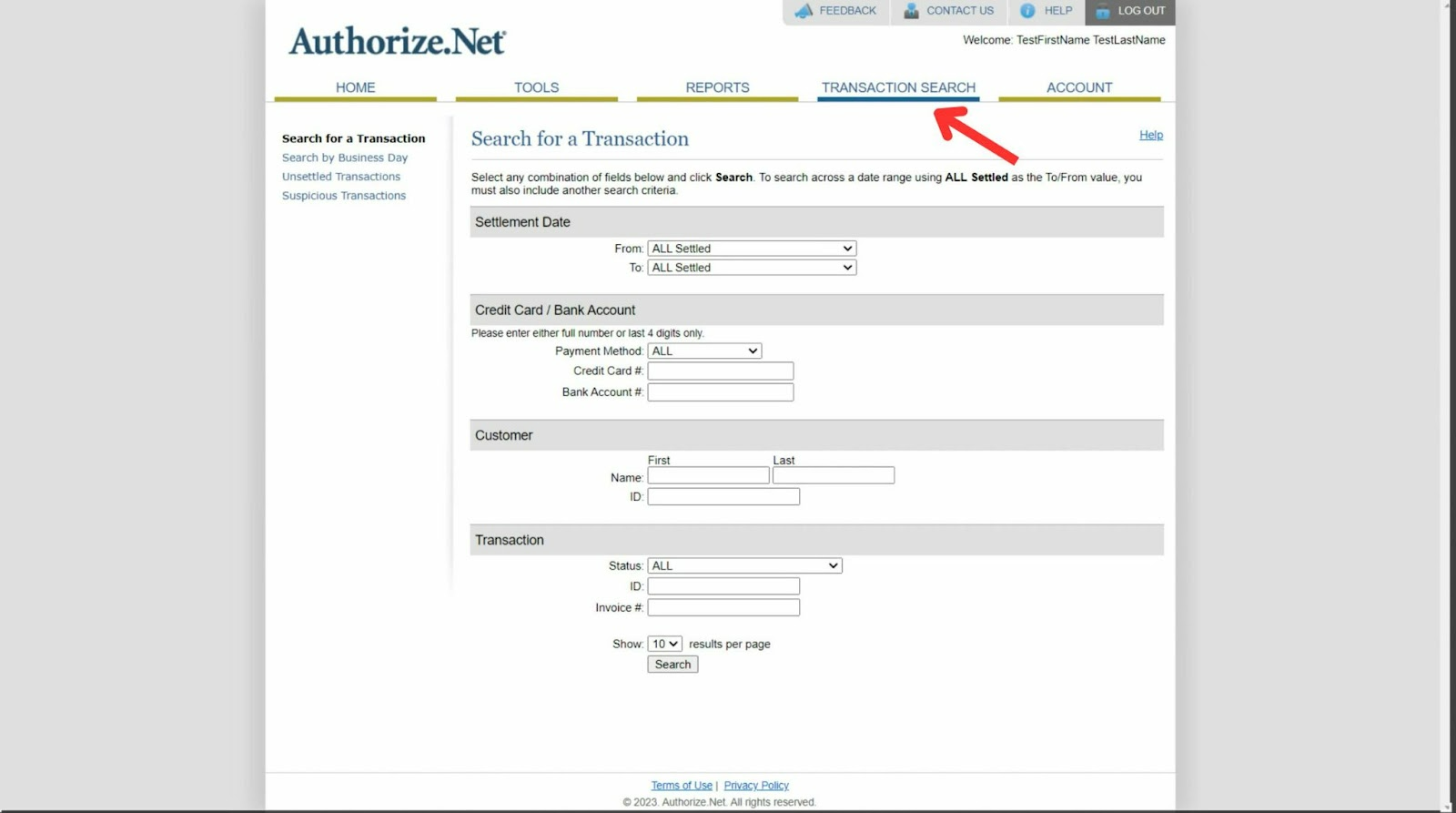 Transaction Search in the Authorize.net merchant portal