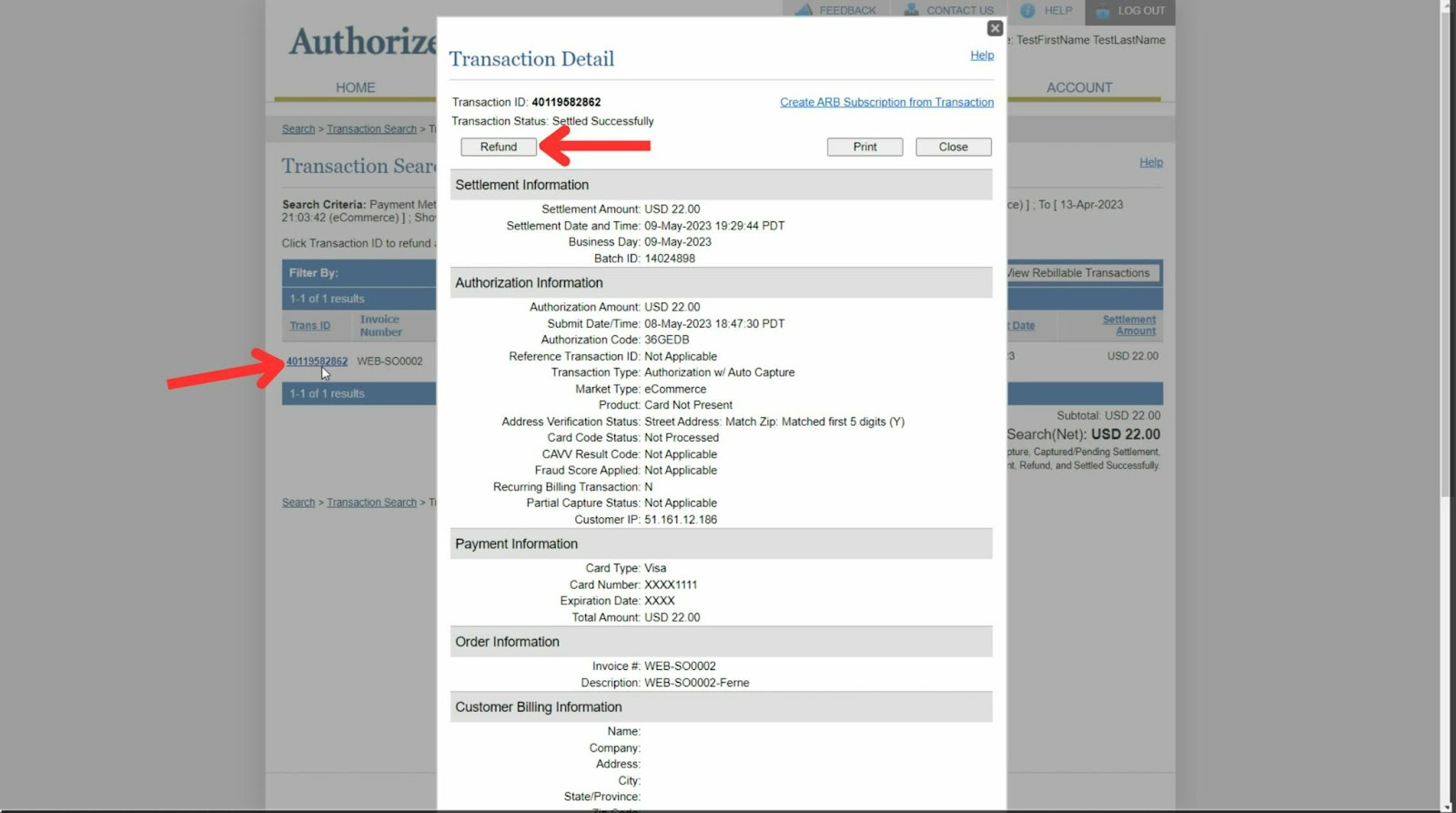 Authorize.net transaction details with the Refund button marked