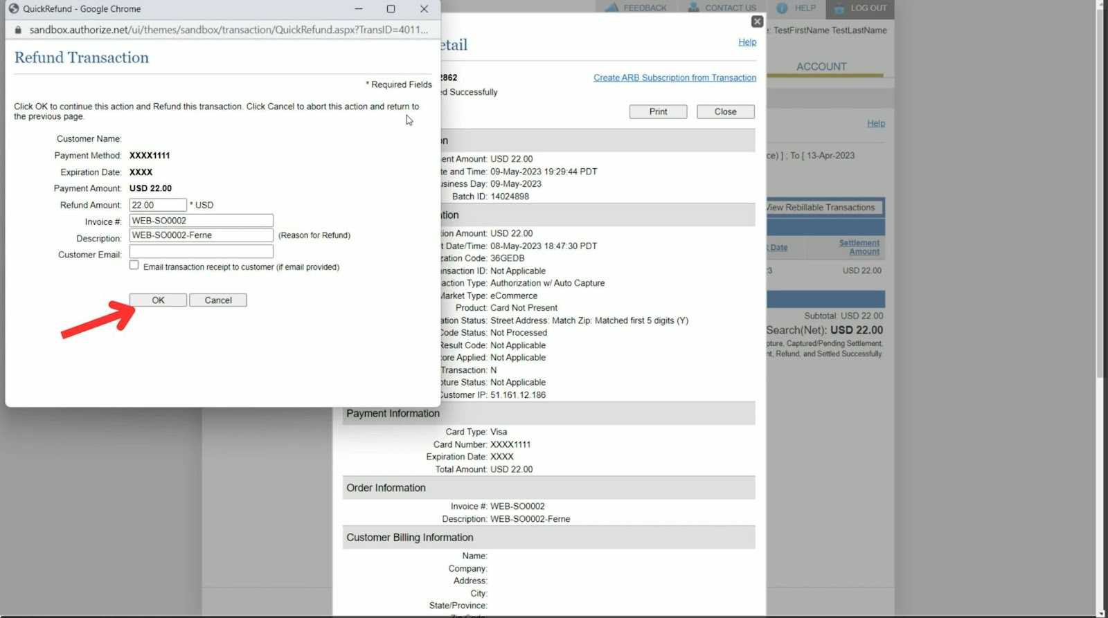 Authorize.net refund confirmation popup with OK marked