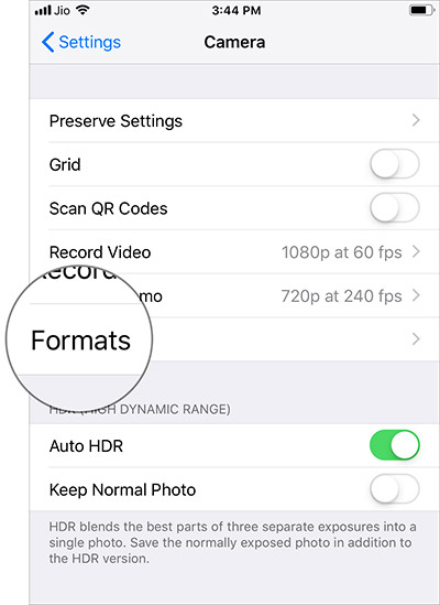 Formats in iPhone Camera settings