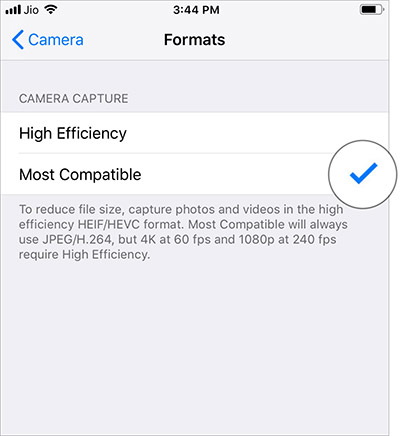 Most Compatible in iPhone Formats settings